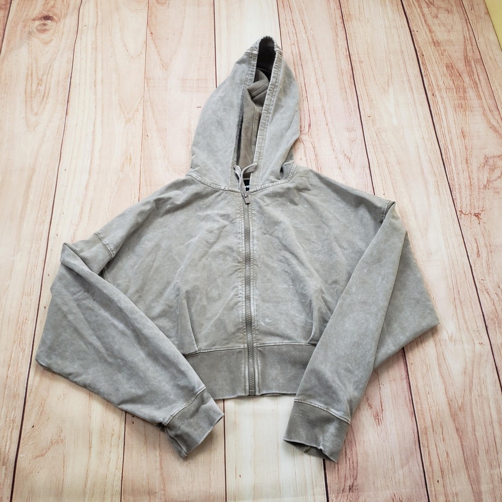Mono B‎ Hoodie Womens Medium Gray Cropped Zip Up Washed Cotton Spandex KJ-A0825